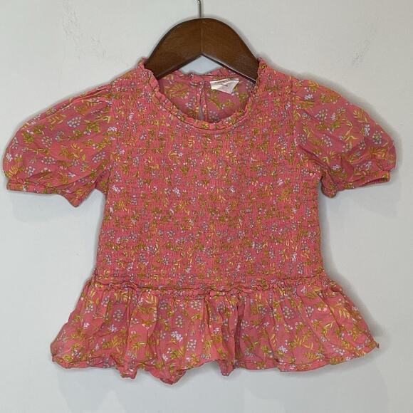J.Crew Crewcuts Girls Smocked Puff Sleeve Top Floral Blouse Pink Wisp Coral XS - Picture 1 of 13
